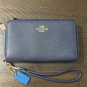 Coach Navy Wristlet with Gold Accents